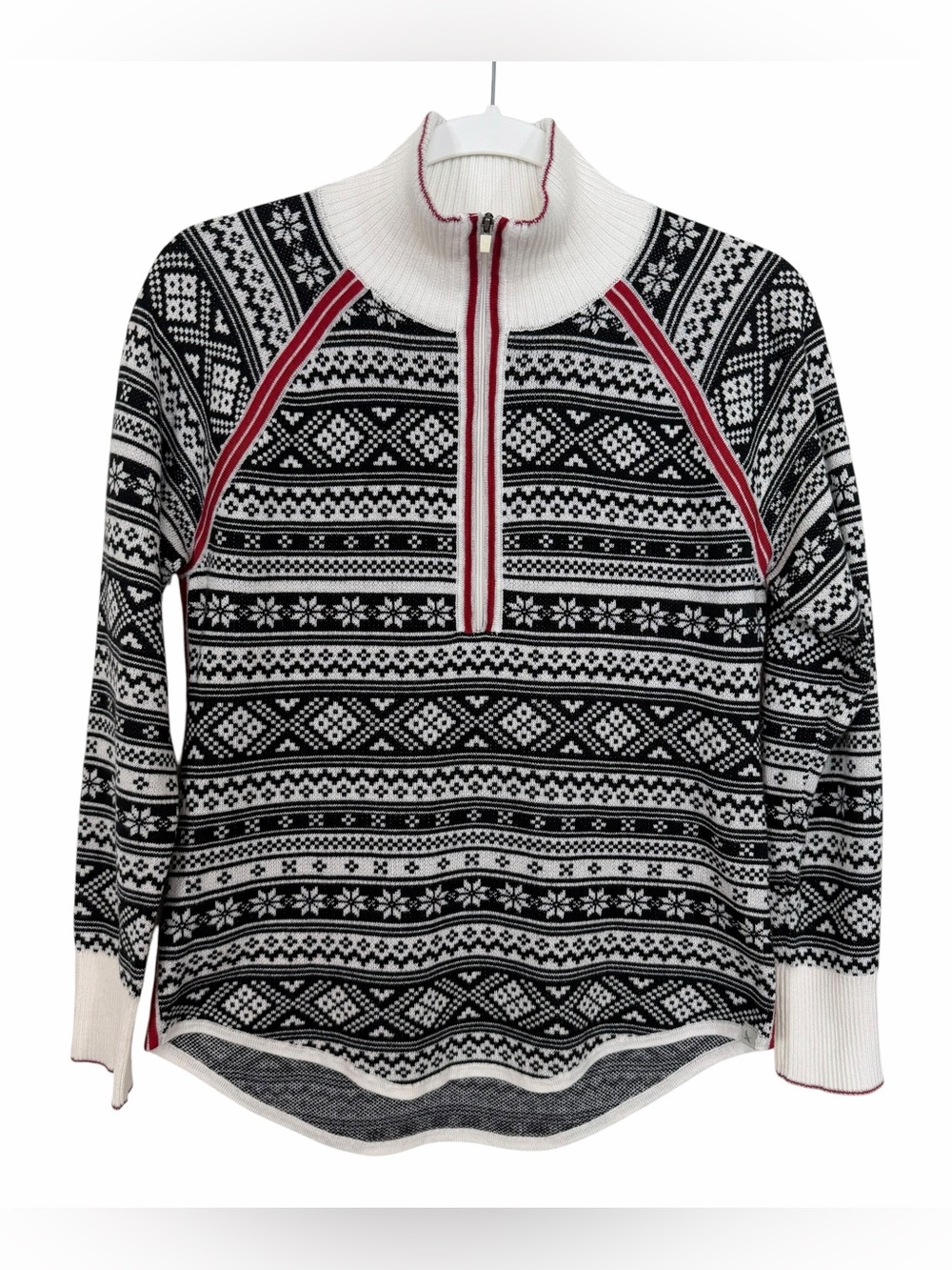 Eddie Bauer Black & White Fair Isle Print Sweater Mock Neck Half Zip Sz Small